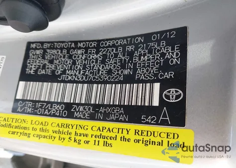 2012 Toyota Prius Four z USA, uszkodzony, nr VIN JTDKN3DU7C5390224
